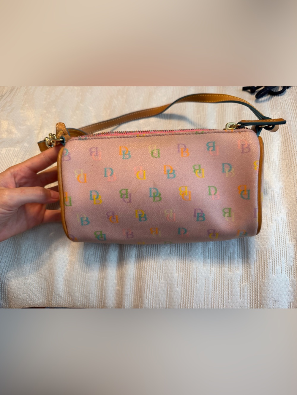 Dooney & Bourke Vintage Y2K Barrel Bag in Signature Multicolor DB Logo Print